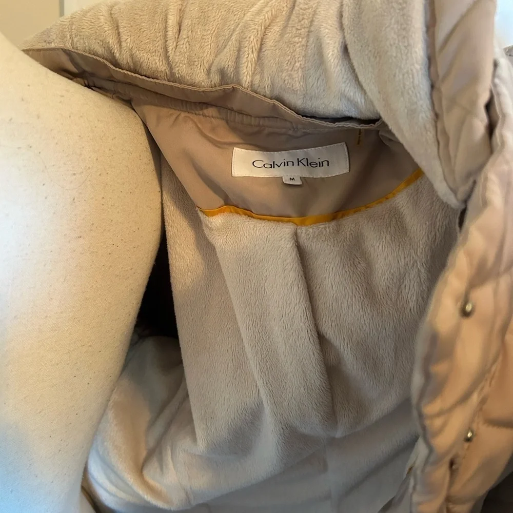 Beige Calvin Klein hooded zip up, puffer jacket with fur lining